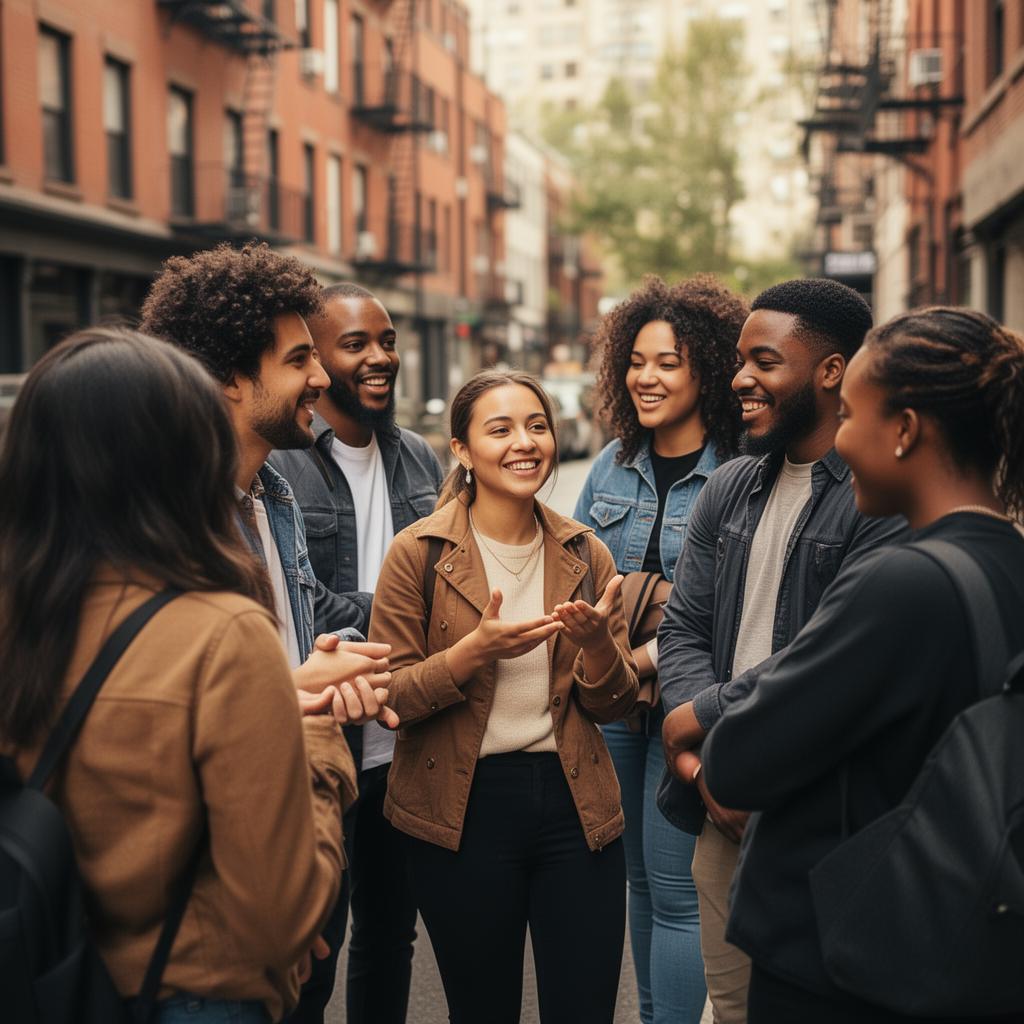 Diverse urban community leaders in conversation on a city street