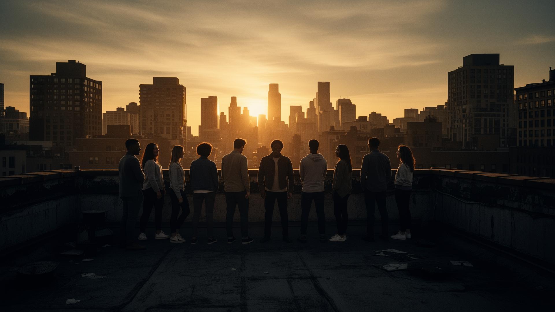 Urban community leaders silhouetted against city skyline at sunset