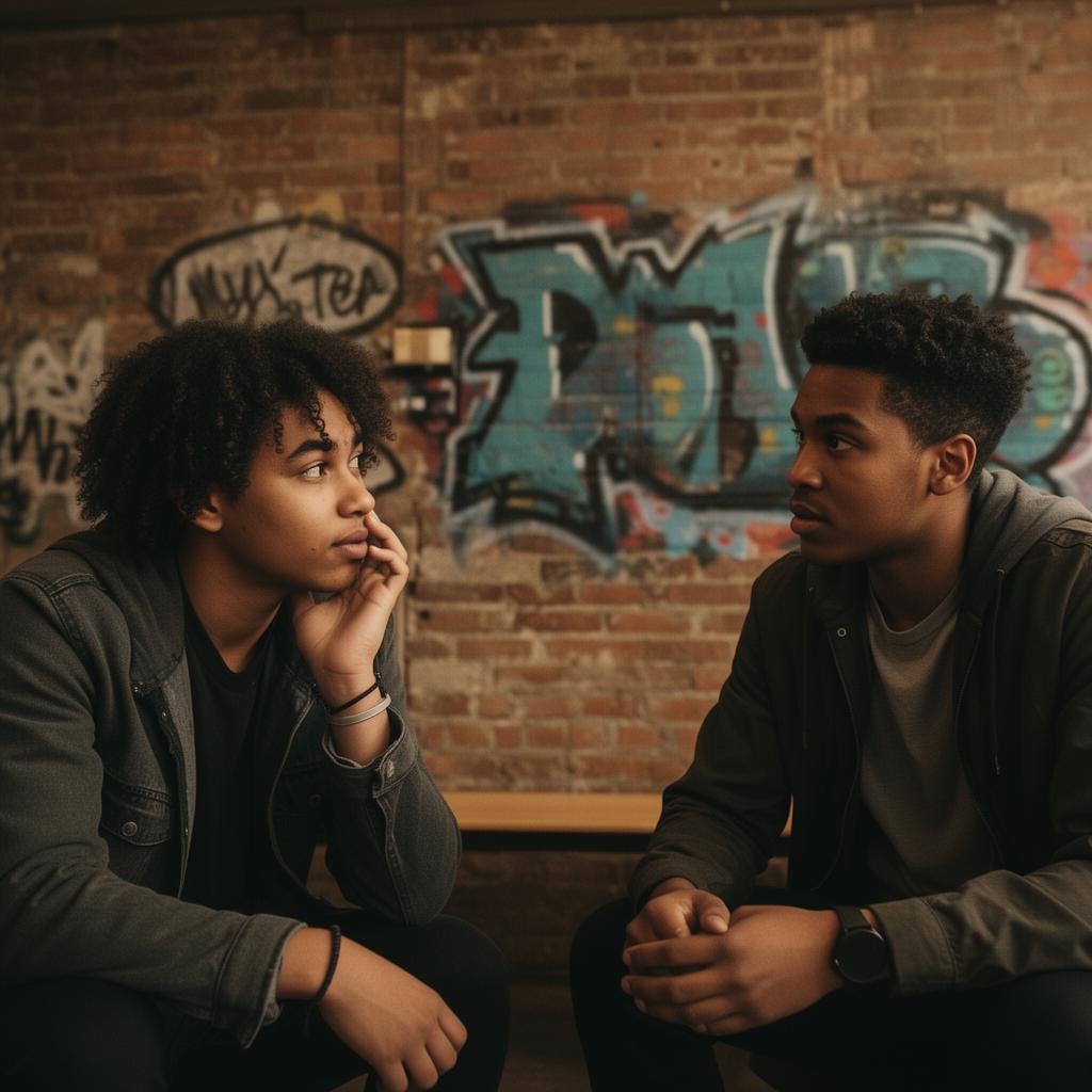 Two urban leaders in a mentoring conversation against a graffiti wall